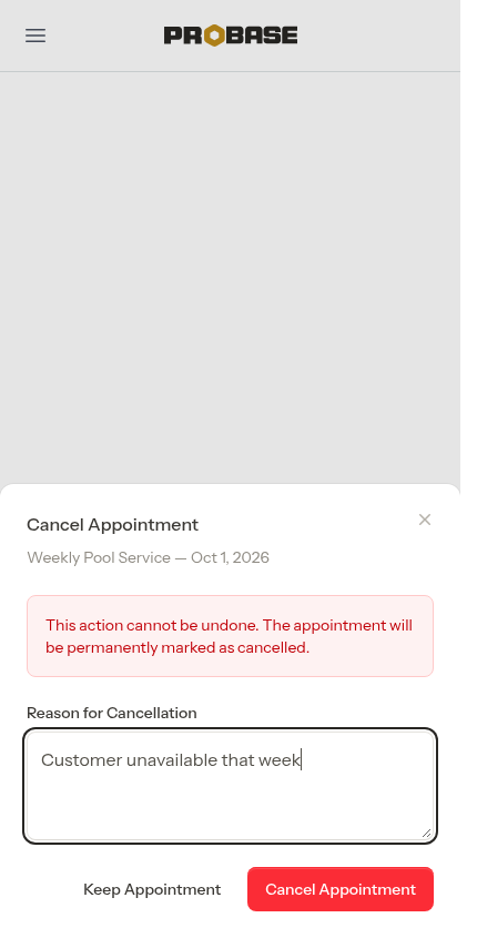 Cancel Appointment window on a visit in the chain