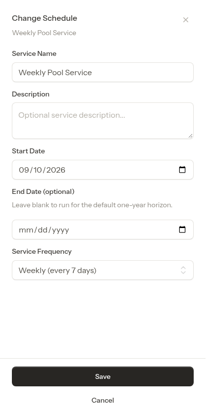 The Change Schedule window on a recurring service