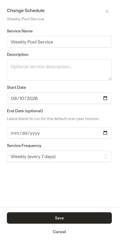 The Change Schedule window on a recurring service
