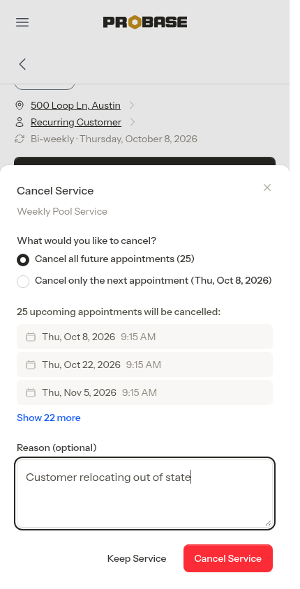 Cancel Service window listing the upcoming visits in the chain