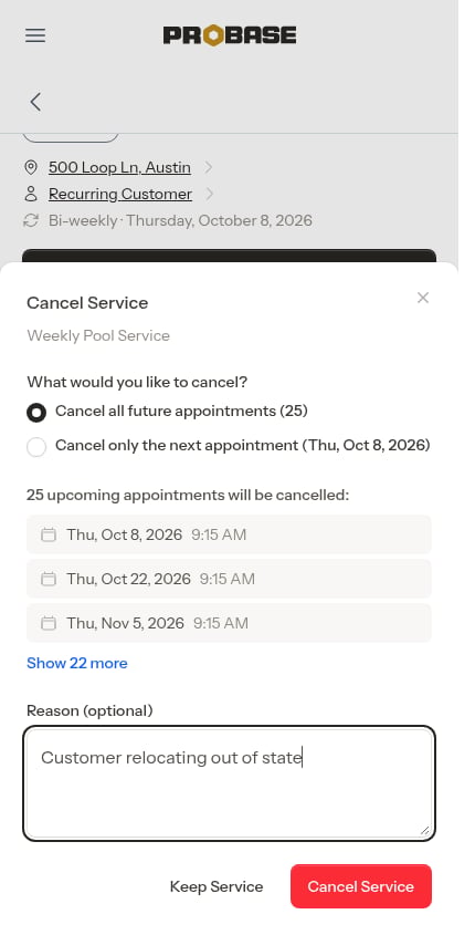 Cancel Service window listing the upcoming visits in the chain