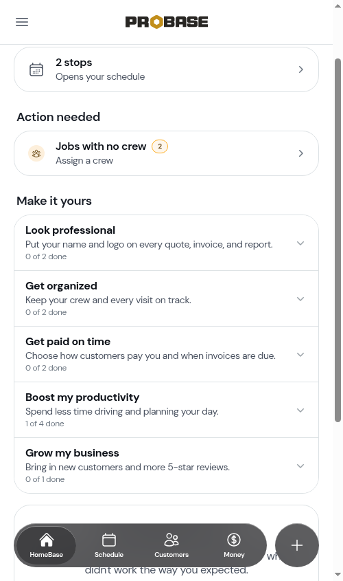 Dashboard action card showing jobs with no crew