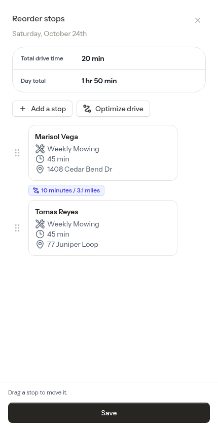 Reordering an imported day's route