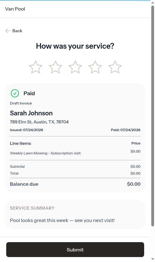 Service review screen for a completed visit