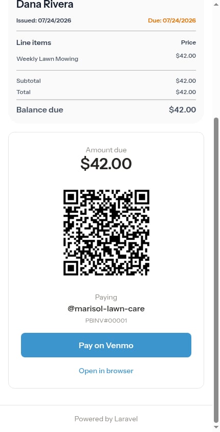 Customer invoice with the Pay-on-Venmo block