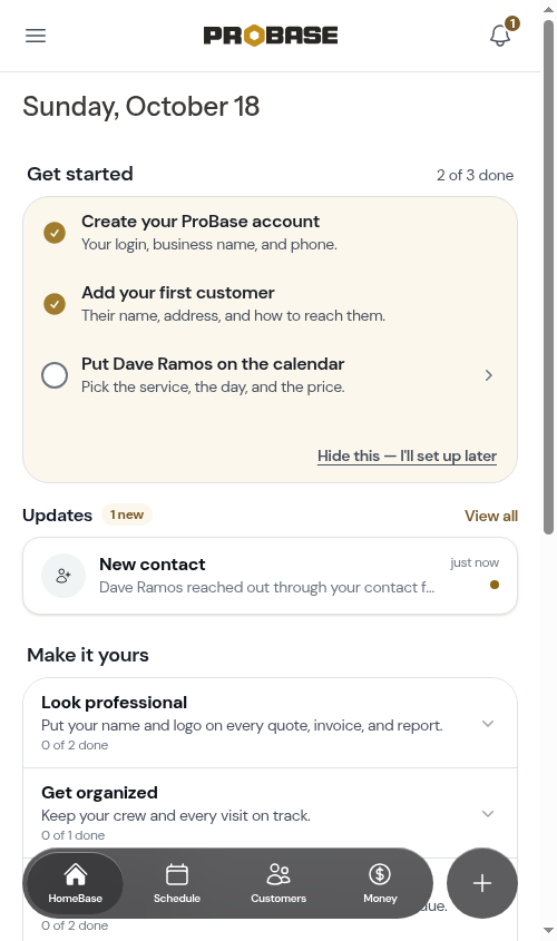 The Updates section on HomeBase