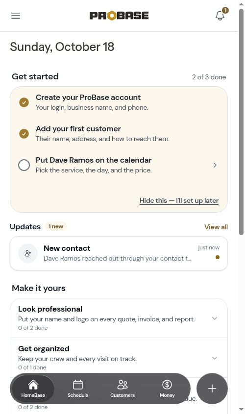 The Updates section on HomeBase
