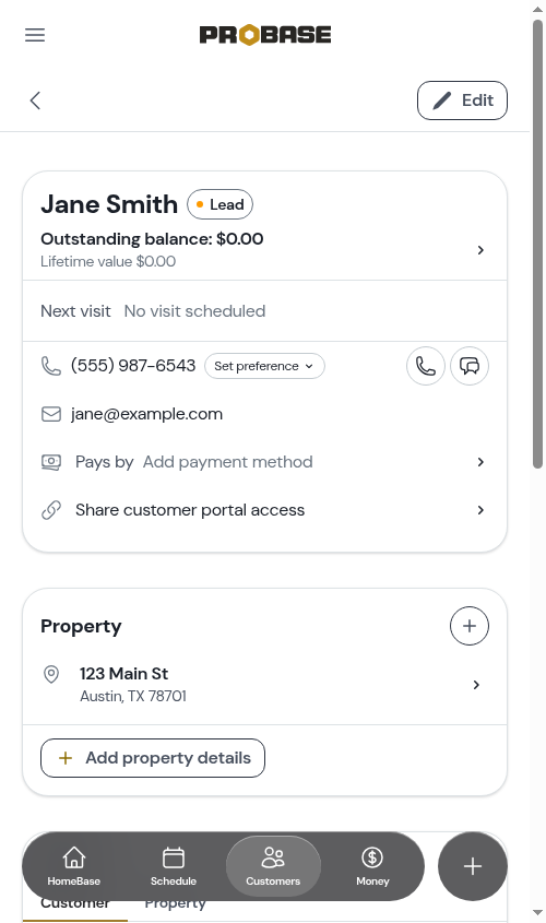 A new customer with the property address filled in from a suggestion