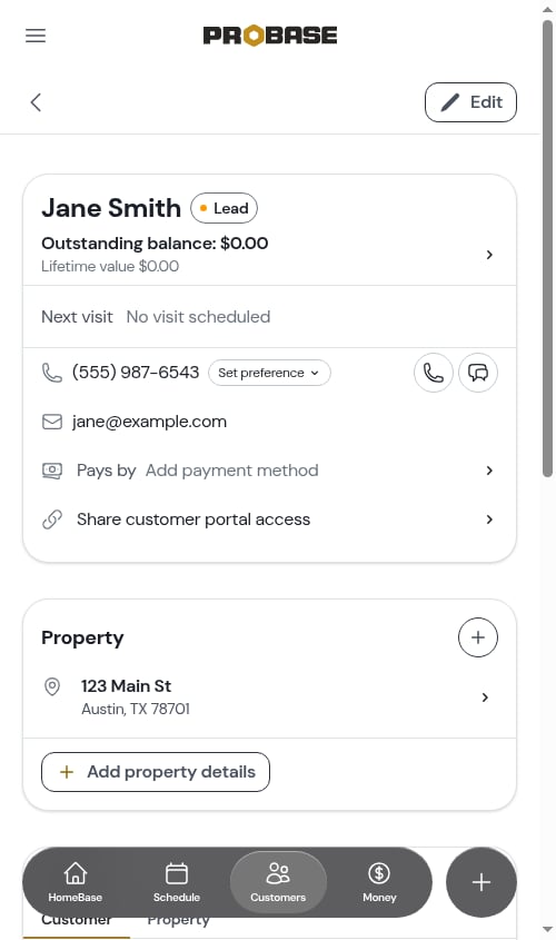 A new customer with the property address filled in from a suggestion