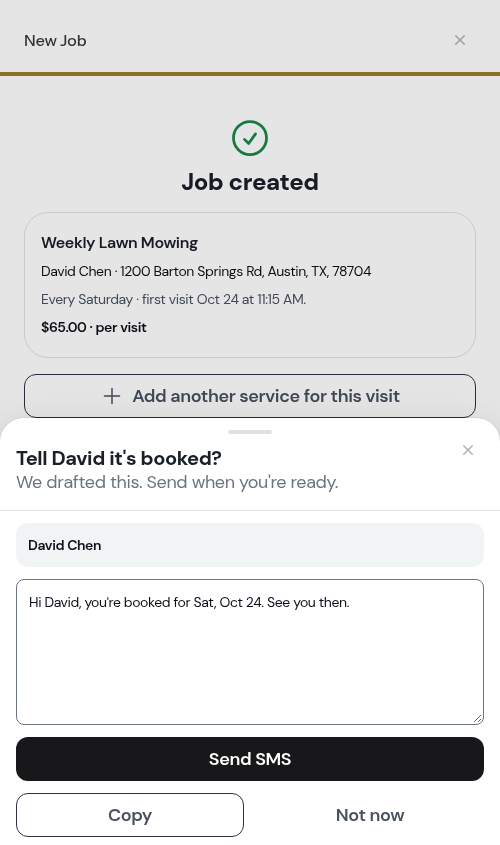 Job created, with the booked text offer