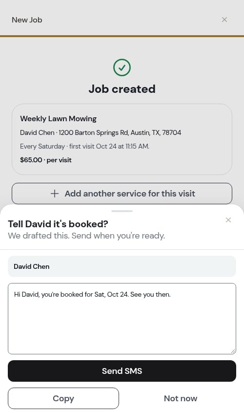 Job created, with the booked text offer