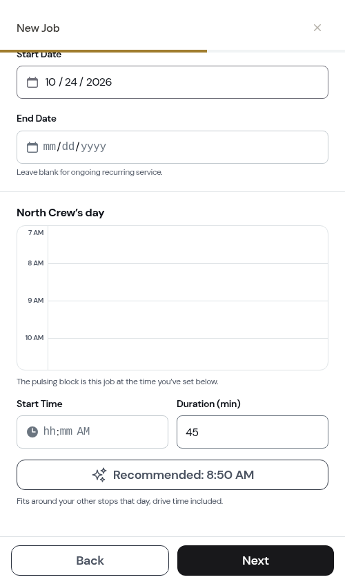 The crew's day and the recommended start time on the schedule step