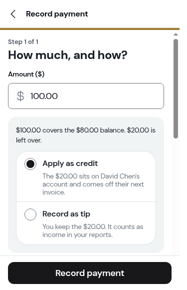 The overpayment box directly under the amount on a small phone