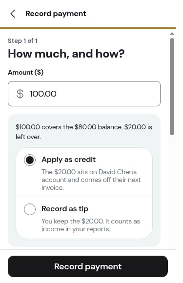 The overpayment box directly under the amount on a small phone