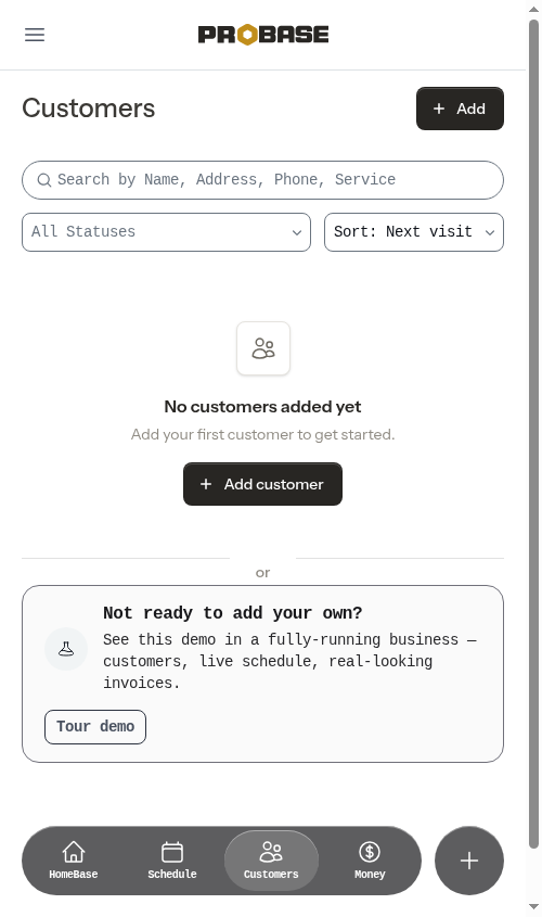 The Tour demo card under the empty Customers list