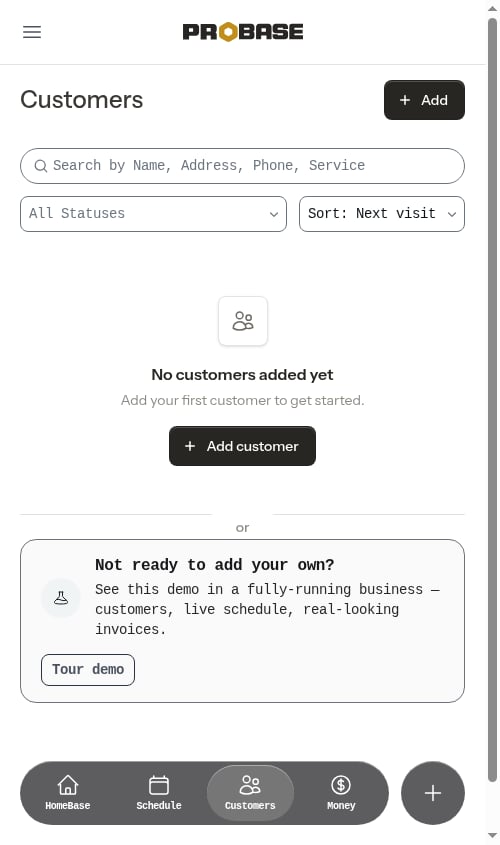 The Tour demo card under the empty Customers list