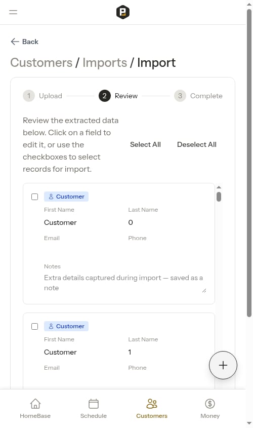 Import review screen, first page