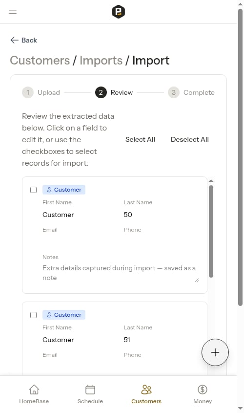 Import review screen, second page