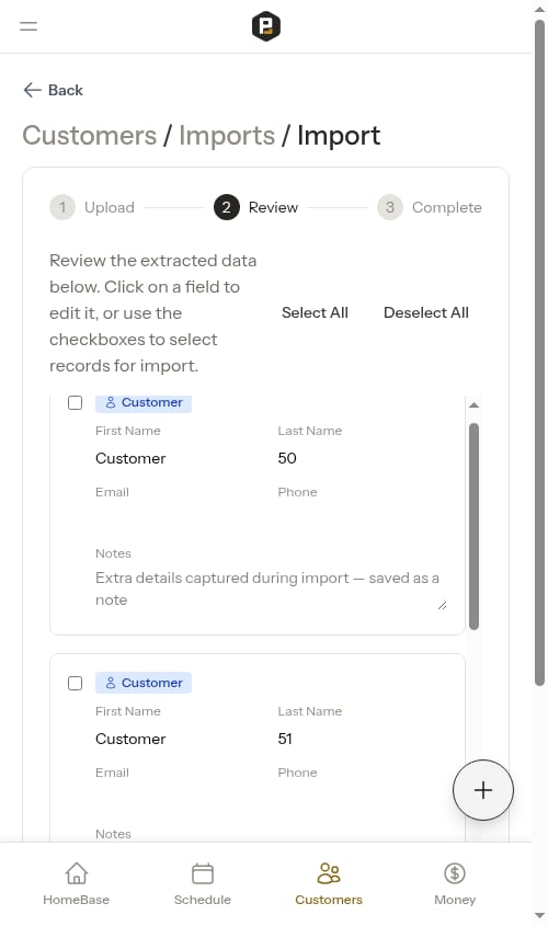 Import review screen showing per-record checkbox state preserved across pages