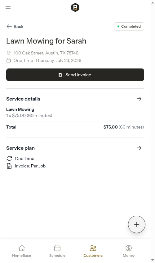 Completed appointment with Send Invoice button