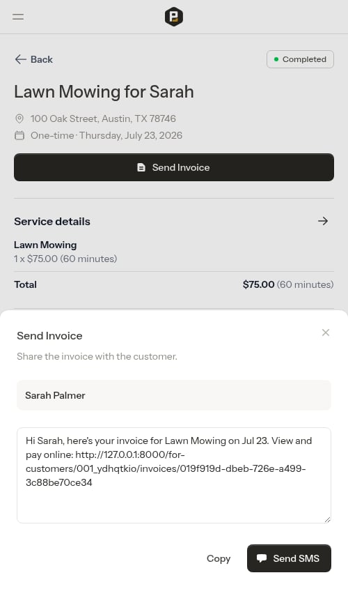 SMS compose modal with payment link