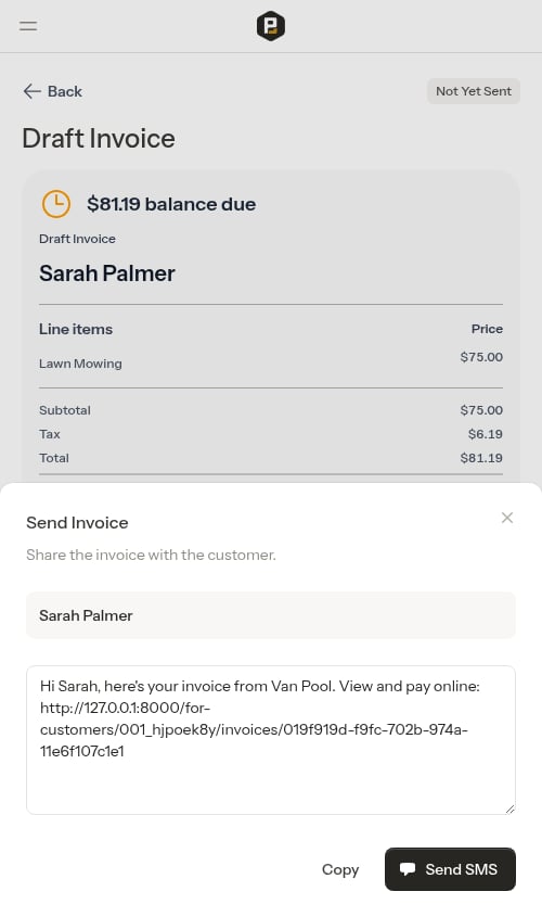 Send invoice flyout with payment link