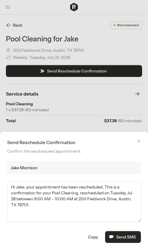Send Reschedule Confirmation SMS modal