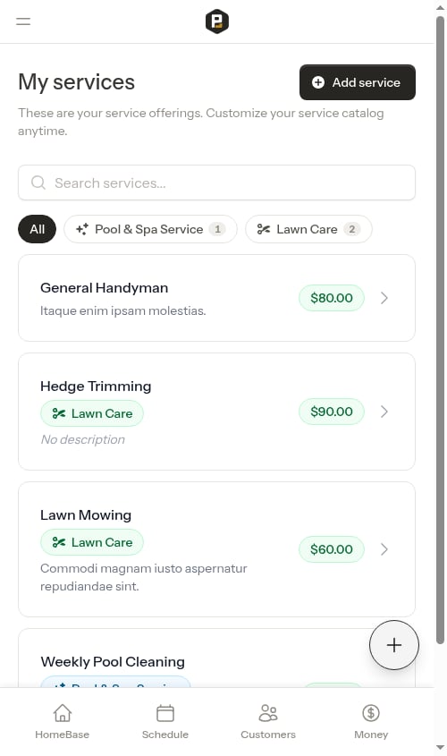 Service catalog with trade chips and filter pills