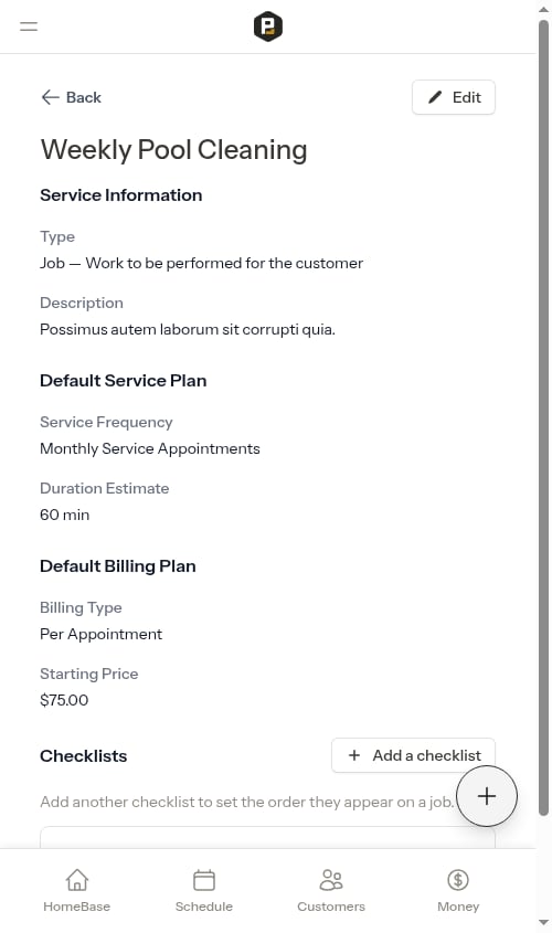 Checklist attached to a service