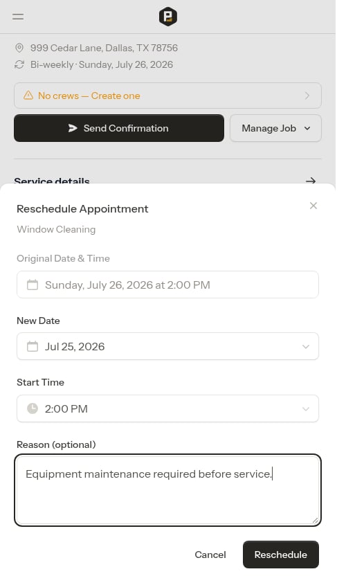 Reschedule form filled in