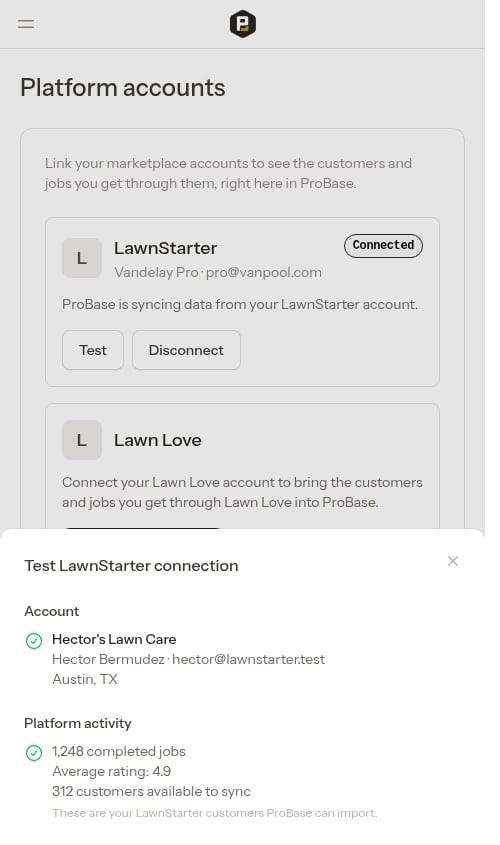 Test connection window showing account details and platform activity