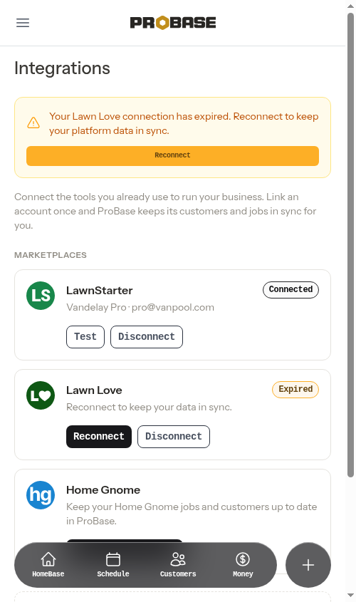 Integrations page with one card per marketplace
