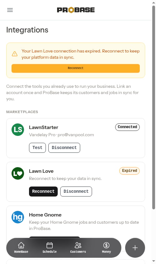 Integrations page with one card per marketplace