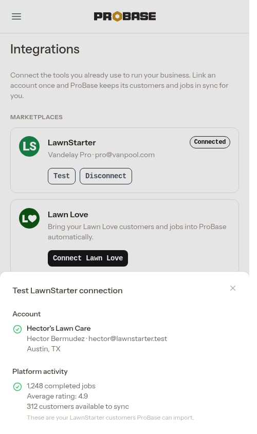 Test connection window showing account details and platform activity