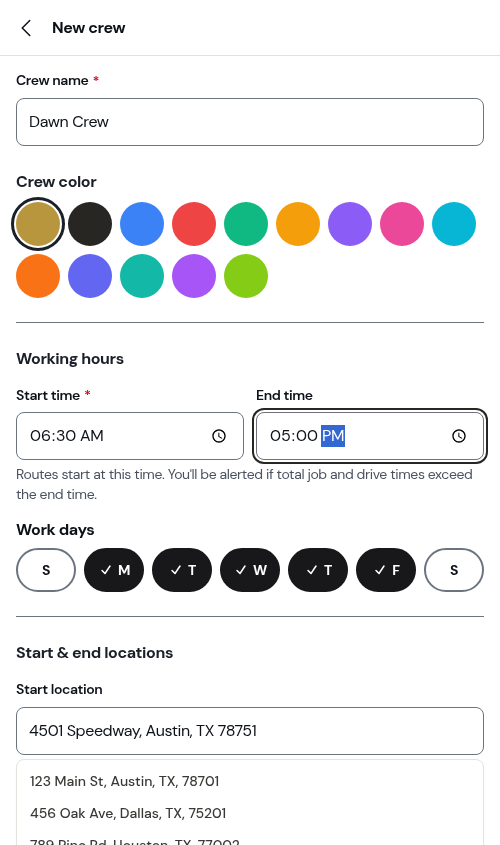 The crew form with working hours filled in