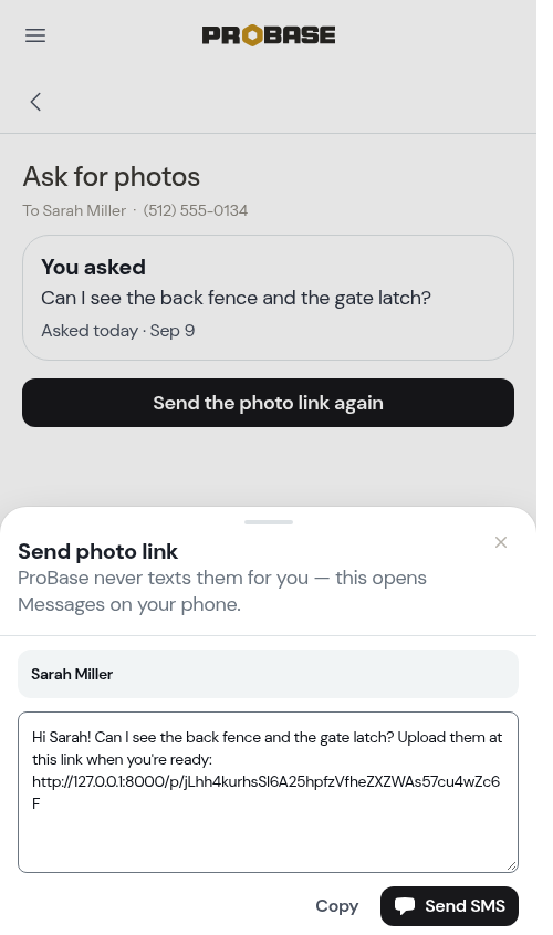 The send modal with the photo link