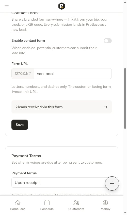Contact Form section before it has been enabled