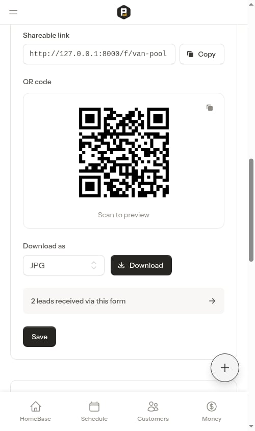 Contact Form section with the toggle enabled and a URL entered