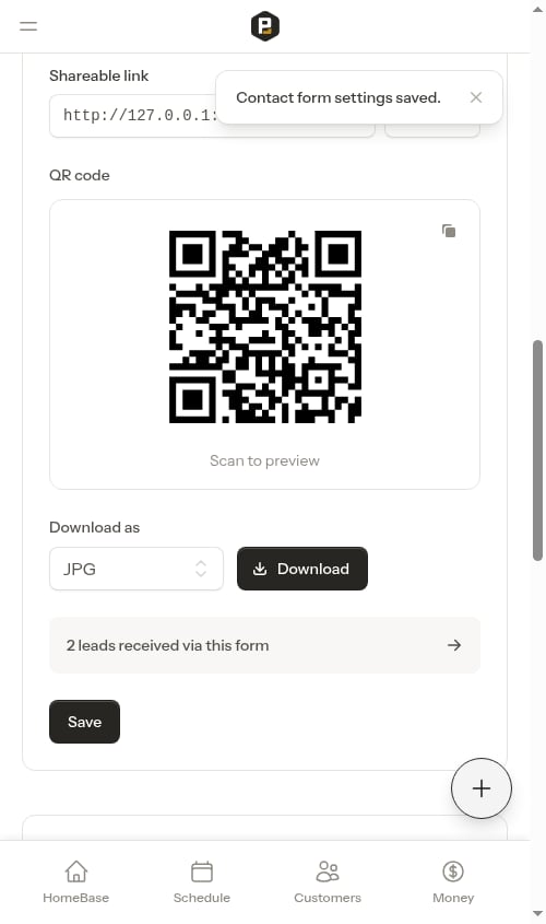 Contact Form settings after saving, showing the shareable link and QR code