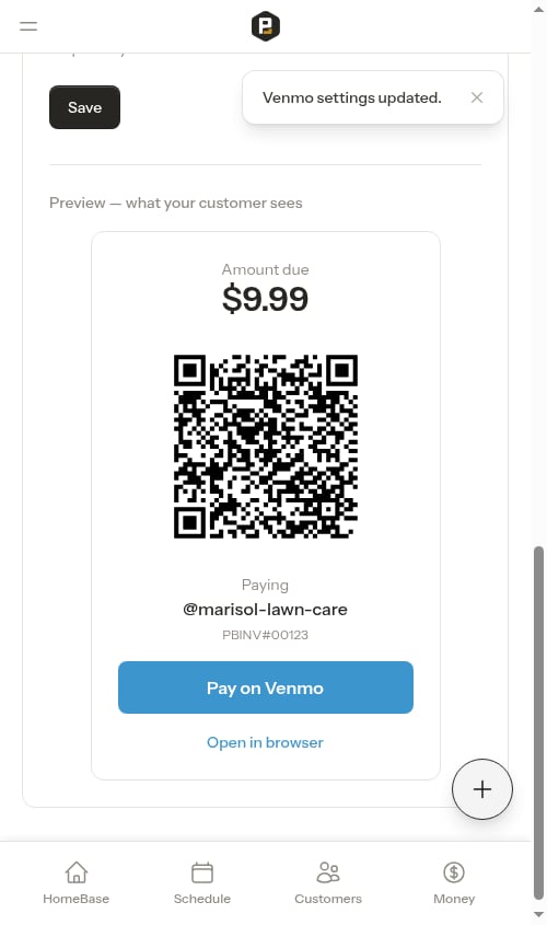 Venmo settings saved
