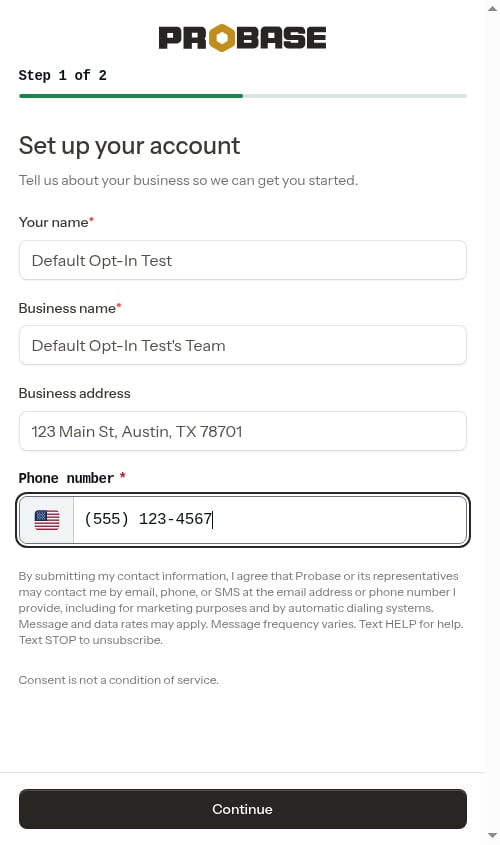 Onboarding business step with SMS disclosure