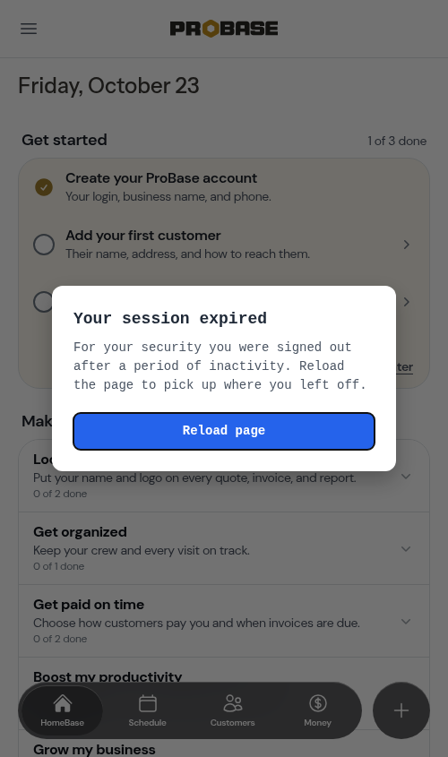 The friendly session-expired prompt with a Reload page button