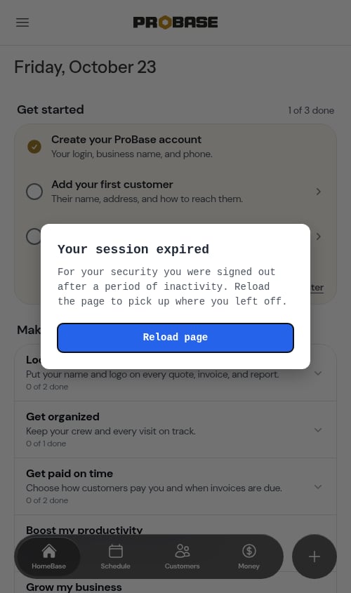 The friendly session-expired prompt with a Reload page button