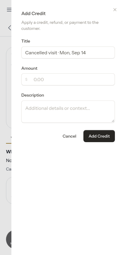 The credit form prefilled from the cancel