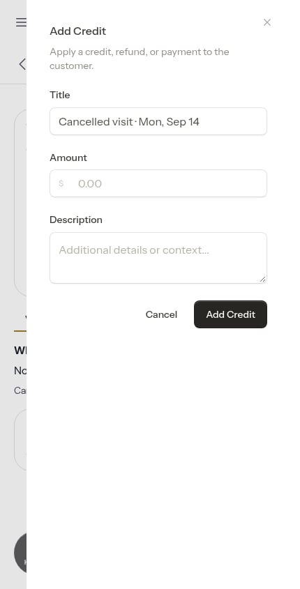The credit form prefilled from the cancel
