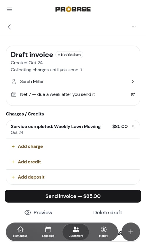 The invoice opened from the Charged row