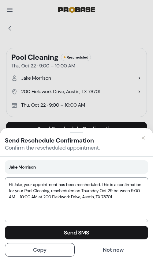 Send Reschedule Confirmation SMS modal