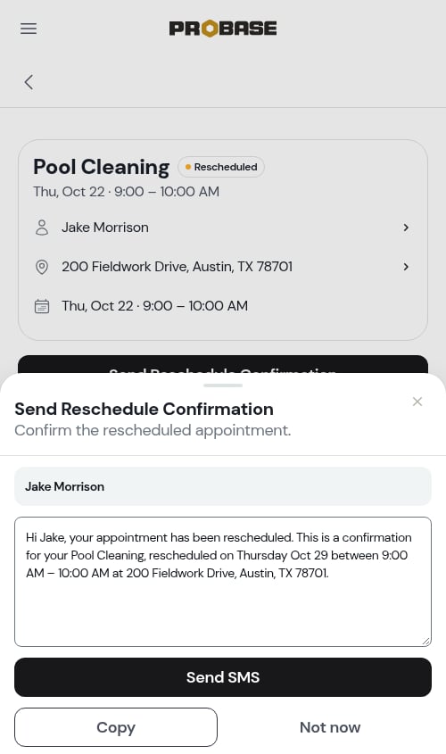 Send Reschedule Confirmation SMS modal