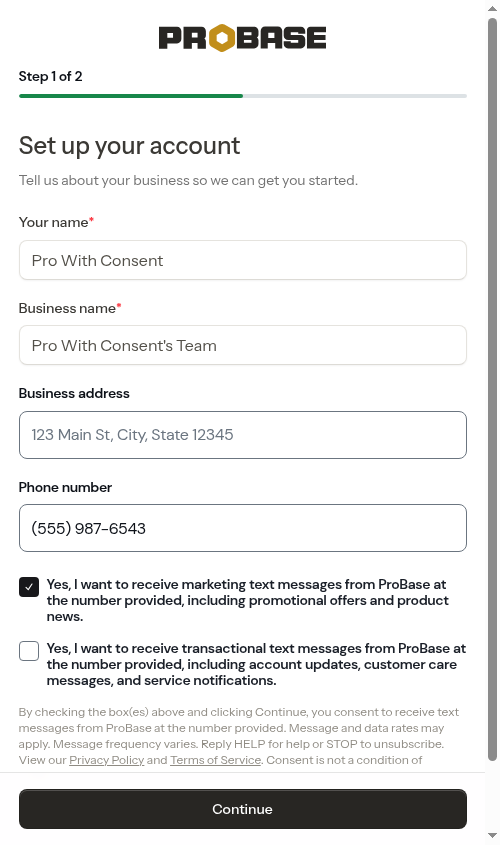 Pro version of the business step with SMS consent checkboxes