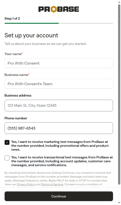 Pro version of the business step with SMS consent checkboxes
